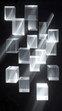 Abstract animation, glass cubes on black background, modern business wallpaper illustration, AI