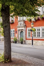 Tree in front of a red house façade with richly decorated windows in a cozy old town setting, The