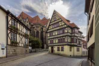 Half-timbered houses in a historic old town in sunshine and cobblestone streets, The old town of