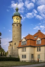 Large tower with clock and house with red roofs against cloudy sky, The Niedeck Ruins in Arnstadt