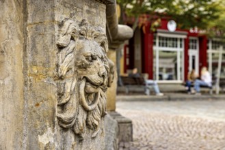 Stone lion relief with a lively, cozy square in the background, lion's head at the fountain in the