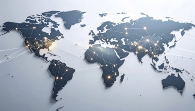 Abstract visualization of global rare earth supply network feeding EV industry, world map design,