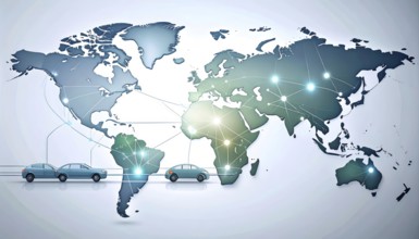 Abstract visualization of global rare earth supply network feeding EV industry, world map design,