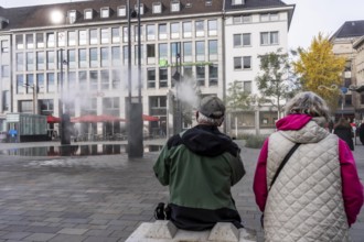 Digital water feature, Blue Cloud water installation on Husemanplatz in downtown Bochum, water mist