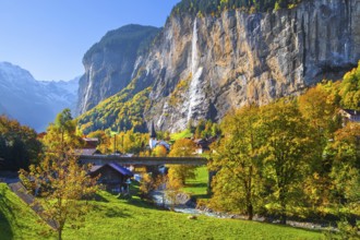 View of town and valley with Staubbach waterfall in autumn, Lauterbrunnen, Bernese Oberland, Canton