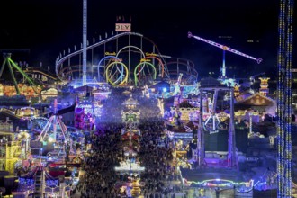View of Oktoberfest from St. Paul's Catholic Church, Blue Hour, Munich, Bavaria, Germany