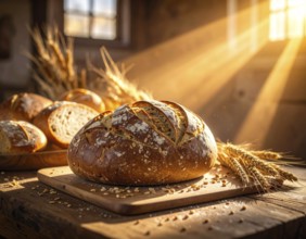 Rustic loaf of whole grain bread, fresh baked, close up of bread on dark wooden table, golden rust,