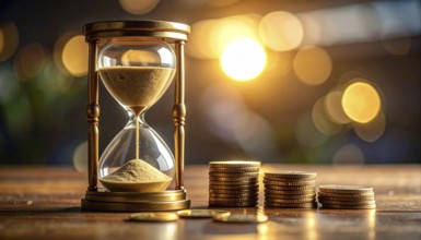 Hourglass and stacked golden coins, illustrating currency fluctuation and time impact commodities