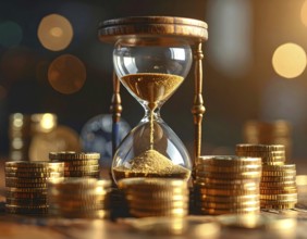 Hourglass and stacked golden coins, illustrating currency fluctuation and time impact commodities
