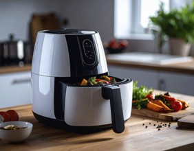 Air fryer with grilled vegetables, wooden table in the kitchen, healthy eating, healthy vegetarian
