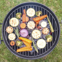 Cooking vegetables on grill outdoors, healthy lifestyle with healthy food, close up of grill with