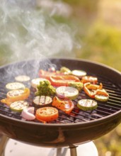 Cooking vegetables on grill outdoors, healthy lifestyle with healthy food, close up of grill with