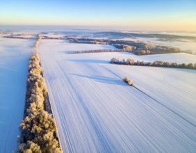 Bird Eye Perspective of Frost Covered Farmland. Seasonal Agricultural Scenery, winter and autumn