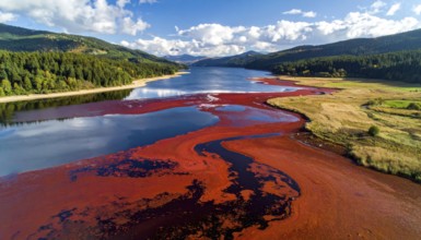 Red algae plant on the lake. abstract ecology nature concept, wild landscape with vibrant red