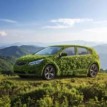 Car formed by green leaves and branches. Sustainable Car technology, ecology concept in harmony