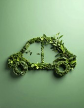 Car formed by green leaves and branches. Sustainable Car technology, ecology concept in harmony