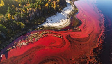 Red algae plant on the lake. abstract ecology nature concept, wild landscape with vibrant red