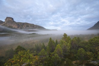 Magical morning fog on Steigtindvatnet in front of the majestic Steigtinden in Norway near Bodø