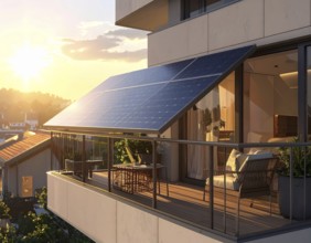 Sunlight Glinting Off Solar Panels on Contemporary Apartment Balcony, energy solution, concept of
