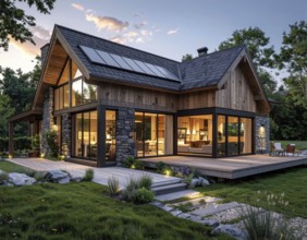 Modern Extension on a Traditional Cottage with Glass and Wood Architecture, green garden with