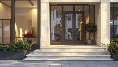 Modern building entrance with stairs, glass facade, and plants in warm evening light, empty