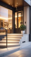 Modern building entrance with stairs, glass facade, and plants in warm evening light, empty