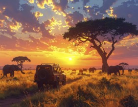 African savannah sunrise with a jeep safari and elephants, AI generated