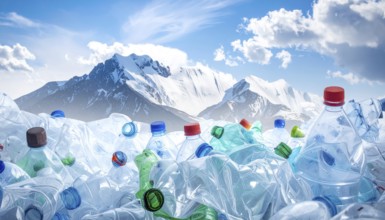 Crushed plastic water bottle waste in a wild landscape, symbol for nature protection, waste