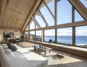 Peaceful A-frame cabin interior with ocean views, real estate lifestyle and travel destination,