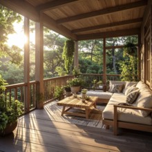 An eco-friendly porch designed for sustainable living in an environmentally-conscious home, lush
