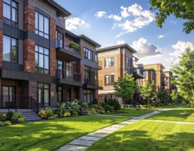 Modern apartment building with balconies and well-kept landscaping at sunset, Modern multifamily