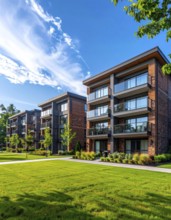 Modern apartment building with balconies and well-kept landscaping at sunset, Modern multifamily