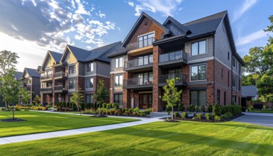 Modern apartment building with balconies and well-kept landscaping at sunset, Modern multifamily