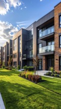 Modern apartment building with balconies and well-kept landscaping at sunset, Modern multifamily
