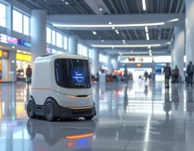 Autonomous cleaning roboter at modern airport terminal, showcasing advanced technology, daylight in