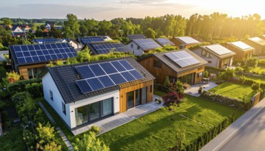 Aerial view showcases modern houses with solar panels and green roofs in a suburban setting,