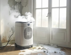 A specialized dehumidifier operates in a mold-infested room following water damage, Shell