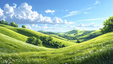 Fresh summer hilly Landscape with blooming Meadow, green plants, Blue Sky with cloudy sky, serene