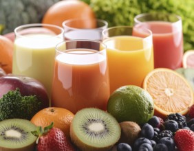 Fresh fruit juices in glasses, surrounded by colorful fruits, showcasing healthy drinking and