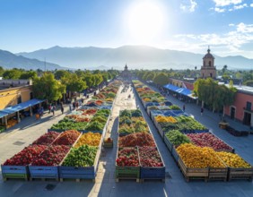Traditional Mexican plaza with crates of peppers, onions, and tomatoes, economic prosperity in