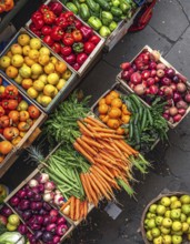 Fresh fruits and vegetables in a market display, aerial view perpendicular top down, healthy eating