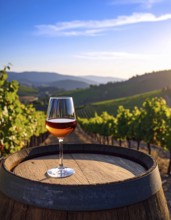 A glass of 10-year-old tawny wine placed on a barrel in a vineyard restaurant, vineyard landscape