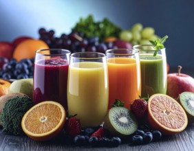 Fresh fruit juices in glasses, surrounded by colorful fruits, showcasing healthy drinking and