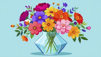 Crystal glass vase with vibrant blooming flowers, vibrant vector drawing illustration for fresh