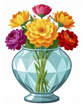Crystal glass vase with vibrant blooming flowers, vibrant vector drawing illustration for fresh