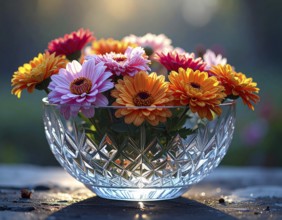 Crystal glass vase with vibrant blooming flowers, fresh spring and summer concept, AI generated