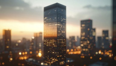 Modern building reflecting sunset light at dusk. Abstract Futuristic Business Background, AI