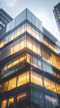 Modern building reflecting sunset light at dusk. Abstract Futuristic Business Background, AI