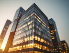 Modern building reflecting sunset light at dusk. Abstract Futuristic Business Background, AI