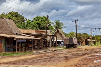 Rural scene with thatched buildings and a lorry on a muddy village road under a cloudy sky, houses